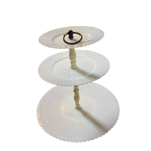 Depression MacBeth Evans Glass Petalware Monax White 3 Tiered Tidbit Server - Picture 6 of 11